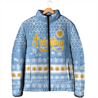 Argentina Christmas Padded Jacket with Blue-White Snowflake Pattern, Sun Emblem, and Gaucho Santa Riding Horse Motif - Wonder Print Shop