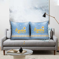 Argentina Christmas Pillow Cover with Blue-White Snowflake Pattern, Sun Emblem, and Gaucho Santa Riding Horse Motif - Wonder Print Shop