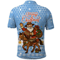 Argentina Christmas Polo Shirt with Blue-White Snowflake Pattern, Sun Emblem, and Gaucho Santa Riding Horse Motif - Wonder Print Shop