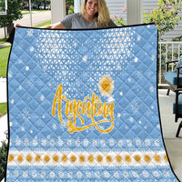 Argentina Christmas Quilt with Blue-White Snowflake Pattern, Sun Emblem, and Gaucho Santa Riding Horse Motif - Wonder Print Shop