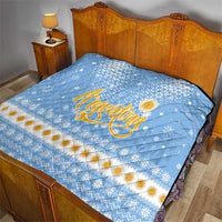 Argentina Christmas Quilt with Blue-White Snowflake Pattern, Sun Emblem, and Gaucho Santa Riding Horse Motif - Wonder Print Shop