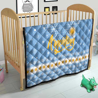 Argentina Christmas Quilt with Blue-White Snowflake Pattern, Sun Emblem, and Gaucho Santa Riding Horse Motif - Wonder Print Shop