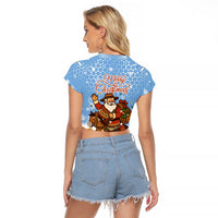 Argentina Christmas Raglan Cropped T Shirt with Blue-White Snowflake Pattern, Sun Emblem, and Gaucho Santa Riding Horse Motif - Wonder Print Shop