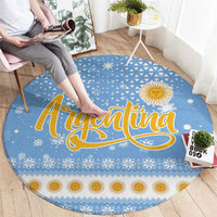 Argentina Christmas Round Carpet with Blue-White Snowflake Pattern, Sun Emblem, and Gaucho Santa Riding Horse Motif - Wonder Print Shop
