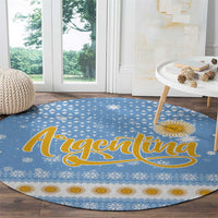 Argentina Christmas Round Carpet with Blue-White Snowflake Pattern, Sun Emblem, and Gaucho Santa Riding Horse Motif - Wonder Print Shop