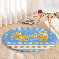 Argentina Christmas Round Carpet with Blue-White Snowflake Pattern, Sun Emblem, and Gaucho Santa Riding Horse Motif - Wonder Print Shop