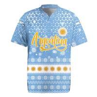 Argentina Christmas Rugby Jersey with Blue-White Snowflake Pattern, Sun Emblem, and Gaucho Santa Riding Horse Motif - Wonder Print Shop