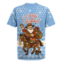 Argentina Christmas Rugby Jersey with Blue-White Snowflake Pattern, Sun Emblem, and Gaucho Santa Riding Horse Motif - Wonder Print Shop