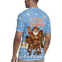 Argentina Christmas Rugby Jersey with Blue-White Snowflake Pattern, Sun Emblem, and Gaucho Santa Riding Horse Motif - Wonder Print Shop