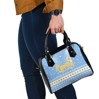 Argentina Christmas Shoulder Handbag with Blue-White Snowflake Pattern, Sun Emblem, and Gaucho Santa Riding Horse Motif - Wonder Print Shop
