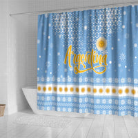 Argentina Christmas Shower Curtain with Blue-White Snowflake Pattern, Sun Emblem, and Gaucho Santa Riding Horse Motif - Wonder Print Shop