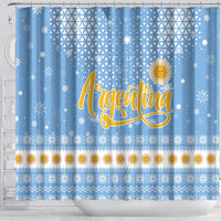 Argentina Christmas Shower Curtain with Blue-White Snowflake Pattern, Sun Emblem, and Gaucho Santa Riding Horse Motif - Wonder Print Shop