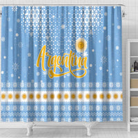Argentina Christmas Shower Curtain with Blue-White Snowflake Pattern, Sun Emblem, and Gaucho Santa Riding Horse Motif - Wonder Print Shop