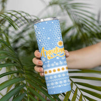 Argentina Christmas Skinny Tumbler with Blue-White Snowflake Pattern, Sun Emblem, and Gaucho Santa Riding Horse Motif - Wonder Print Shop