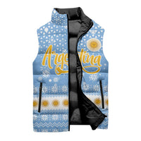 Argentina Christmas Sleeveless Puffer Jacket with Blue-White Snowflake Pattern, Sun Emblem, and Gaucho Santa Riding Horse Motif - Wonder Print Shop