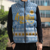Argentina Christmas Sleeveless Puffer Jacket with Blue-White Snowflake Pattern, Sun Emblem, and Gaucho Santa Riding Horse Motif - Wonder Print Shop