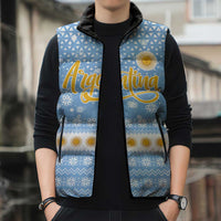 Argentina Christmas Sleeveless Puffer Jacket with Blue-White Snowflake Pattern, Sun Emblem, and Gaucho Santa Riding Horse Motif - Wonder Print Shop