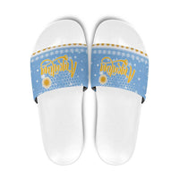 Argentina Christmas Slide Sandals with Blue-White Snowflake Pattern, Sun Emblem, and Gaucho Santa Riding Horse Motif - Wonder Print Shop