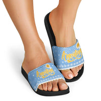 Argentina Christmas Slide Sandals with Blue-White Snowflake Pattern, Sun Emblem, and Gaucho Santa Riding Horse Motif - Wonder Print Shop