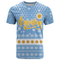 Argentina Christmas T Shirt with Blue-White Snowflake Pattern, Sun Emblem, and Gaucho Santa Riding Horse Motif - Wonder Print Shop