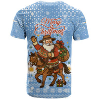 Argentina Christmas T Shirt with Blue-White Snowflake Pattern, Sun Emblem, and Gaucho Santa Riding Horse Motif - Wonder Print Shop