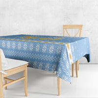 Argentina Christmas Tablecloth with Blue-White Snowflake Pattern, Sun Emblem, and Gaucho Santa Riding Horse Motif - Wonder Print Shop