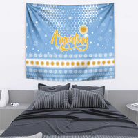 Argentina Christmas Tapestry with Blue-White Snowflake Pattern, Sun Emblem, and Gaucho Santa Riding Horse Motif - Wonder Print Shop