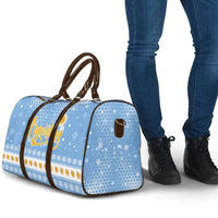 Argentina Christmas Travel Bag with Blue-White Snowflake Pattern, Sun Emblem, and Gaucho Santa Riding Horse Motif - Wonder Print Shop