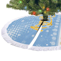 Argentina Christmas Tree Skirt with Blue-White Snowflake Pattern, Sun Emblem, and Gaucho Santa Riding Horse Motif - Wonder Print Shop