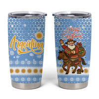 Argentina Christmas Tumbler Cup with Blue-White Snowflake Pattern, Sun Emblem, and Gaucho Santa Riding Horse Motif - Wonder Print Shop