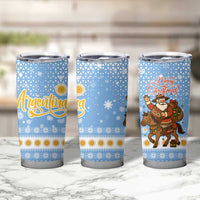 Argentina Christmas Tumbler Cup with Blue-White Snowflake Pattern, Sun Emblem, and Gaucho Santa Riding Horse Motif - Wonder Print Shop