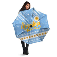 Argentina Christmas Umbrella with Blue-White Snowflake Pattern, Sun Emblem, and Gaucho Santa Riding Horse Motif - Wonder Print Shop
