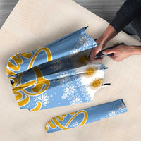 Argentina Christmas Umbrella with Blue-White Snowflake Pattern, Sun Emblem, and Gaucho Santa Riding Horse Motif - Wonder Print Shop