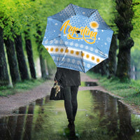 Argentina Christmas Umbrella with Blue-White Snowflake Pattern, Sun Emblem, and Gaucho Santa Riding Horse Motif - Wonder Print Shop