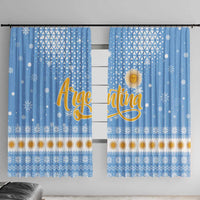 Argentina Christmas Window Curtain with Blue-White Snowflake Pattern, Sun Emblem, and Gaucho Santa Riding Horse Motif - Wonder Print Shop