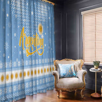 Argentina Christmas Window Curtain with Blue-White Snowflake Pattern, Sun Emblem, and Gaucho Santa Riding Horse Motif - Wonder Print Shop
