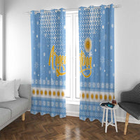 Argentina Christmas Window Curtain with Blue-White Snowflake Pattern, Sun Emblem, and Gaucho Santa Riding Horse Motif - Wonder Print Shop