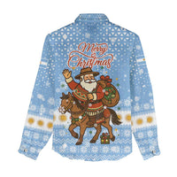 Argentina Christmas Women Casual Shirt with Blue-White Snowflake Pattern, Sun Emblem, and Gaucho Santa Riding Horse Motif - Wonder Print Shop