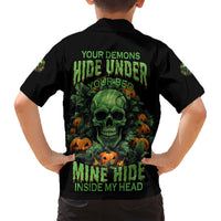 Your Demons Hide Under Your Bed Skull Halloween Family Matching Short Sleeve Bodycon Dress and Hawaiian Shirt - Wonder Print Shop