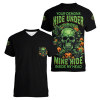 Your Demons Hide Under Your Bed Skull Halloween Women V Neck T Shirt - Wonder Print Shop
