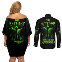 You My Friend Should Have Been Swallowed Halloween Couples Matching Off Shoulder Short Dress and Long Sleeve Button Shirt - Wonder Print Shop