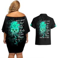 I Hold A Beast An Angel Crazy Lady In Me Couples Matching Off Shoulder Short Dress and Hawaiian Shirt - Wonder Print Shop