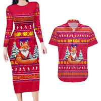 Bon Nadal Andorra Christmas Couples Matching Long Sleeve Bodycon Dress and Hawaiian Shirt with Fox Snowy Trees and Andorran Flag - undefined