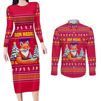 Bon Nadal Andorra Christmas Couples Matching Long Sleeve Bodycon Dress and Long Sleeve Button Shirt with Fox Snowy Trees and Andorran Flag - Wonder Print Shop