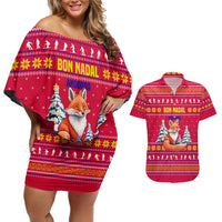 Bon Nadal Andorra Christmas Couples Matching Off Shoulder Short Dress and Hawaiian Shirt with Fox Snowy Trees and Andorran Flag - Wonder Print Shop