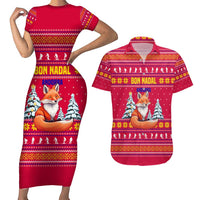 Bon Nadal Andorra Christmas Couples Matching Short Sleeve Bodycon Dress and Hawaiian Shirt with Fox Snowy Trees and Andorran Flag - Wonder Print Shop