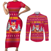 Bon Nadal Andorra Christmas Couples Matching Short Sleeve Bodycon Dress and Long Sleeve Button Shirt with Fox Snowy Trees and Andorran Flag - Wonder Print Shop