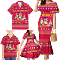 Bon Nadal Andorra Christmas Family Matching Mermaid Dress and Hawaiian Shirt with Fox Snowy Trees and Andorran Flag - Wonder Print Shop