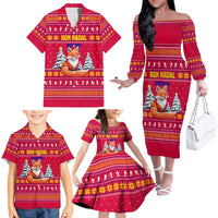Bon Nadal Andorra Christmas Family Matching Off The Shoulder Long Sleeve Dress and Hawaiian Shirt with Fox Snowy Trees and Andorran Flag - Wonder Print Shop