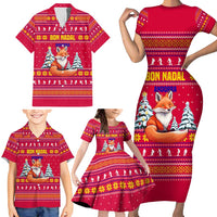 Bon Nadal Andorra Christmas Family Matching Short Sleeve Bodycon Dress and Hawaiian Shirt with Fox Snowy Trees and Andorran Flag - Wonder Print Shop